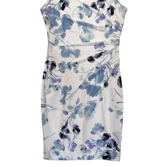 NWT Calvin Klein | Petite White Blue Floral Print Pleated Sheath Dress 6P - Picture 5 of 13